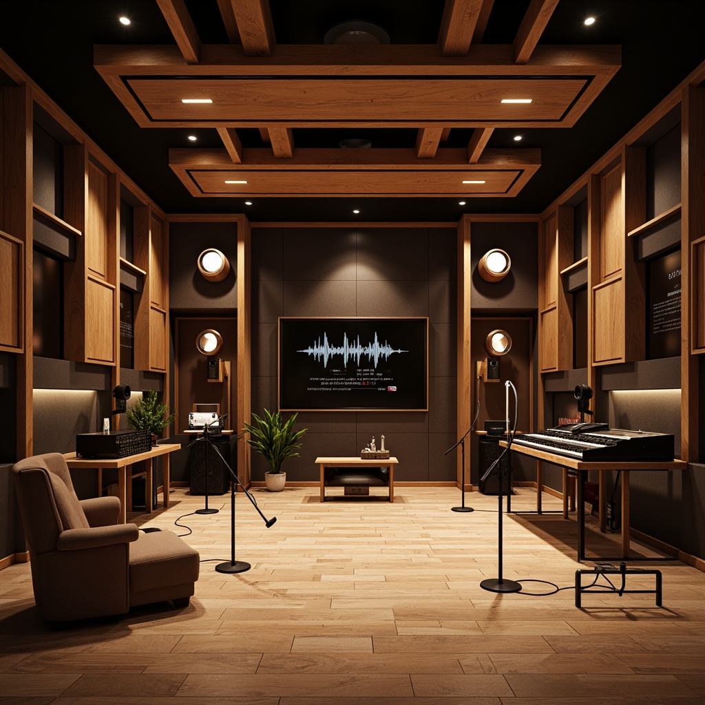 Prompt: Modern recording studio, soundproofed walls, wooden acoustic panels, triangular shapes, dark wood grain textures, subtle LED lighting, professional audio equipment, microphone stands, sound waves patterns, geometric sound diffusion, optimized sound reflections, warm ambiance, cozy atmosphere, 1/1 composition, shallow depth of field, softbox lighting, realistic material textures, ambient occlusion.