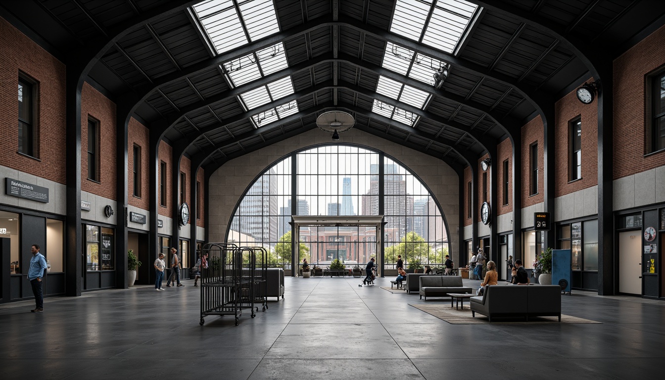 Prompt: Industrial train station, metal framework, exposed brick walls, concrete flooring, steel beams, functional furniture, minimalist design, modern industrial aesthetic, urban atmosphere, cityscape views, large clocks, destination boards, waiting area benches, luggage racks, metal signage, overhead lighting, dim mood lighting, shallow depth of field, 1/1 composition, realistic textures, ambient occlusion.