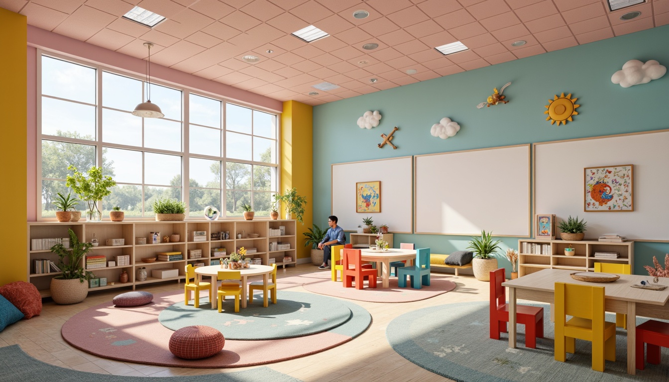 Prompt: Vibrant kindergarten classroom, soft pastel colors, rounded edges furniture, sturdy wooden tables, colorful plastic chairs, educational wall decorations, interactive whiteboards, playful alphabet rugs, natural fiber carpets, eco-friendly paint, large windows, plenty of natural light, warm cozy atmosphere, circular reading nook, plush pillows, textured wall panels, gentle acoustic ceilings, whimsical mobiles, fun patterned curtains, safe and durable materials, easy to clean surfaces, 1/2 composition, softbox lighting, shallow depth of field.