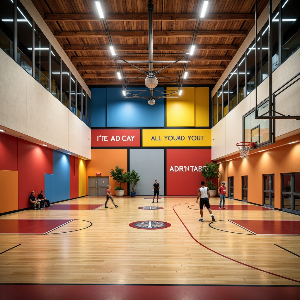 Prompt: Vibrant gymnasium interior, bold color blocks, motivational quotes, athletic equipment, basketball courts, running tracks, dynamic lighting, wooden flooring, modern architecture, minimal ornamentation, neutral beige walls, pops of bright colors, energetic atmosphere, warm tone spotlights, shallow depth of field, 1/2 composition, realistic textures, ambient occlusion.