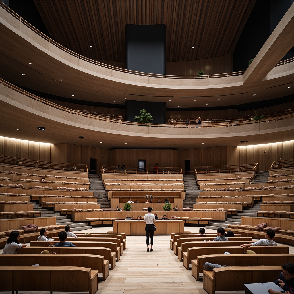 Prompt: Streamlined amphitheater, Modernist architecture, curved rows of seats, tiered seating arrangement, sleek metal railings, polished wooden floors, minimal ornamentation, emphasis on functionality, neutral color palette, subtle ambient lighting, soft shadows, 3/4 composition, shallow depth of field, realistic textures, panoramic view, audience-focused design, optimized sightlines, comfortable ergonomic chairs, ample legroom, intuitive wayfinding signs.