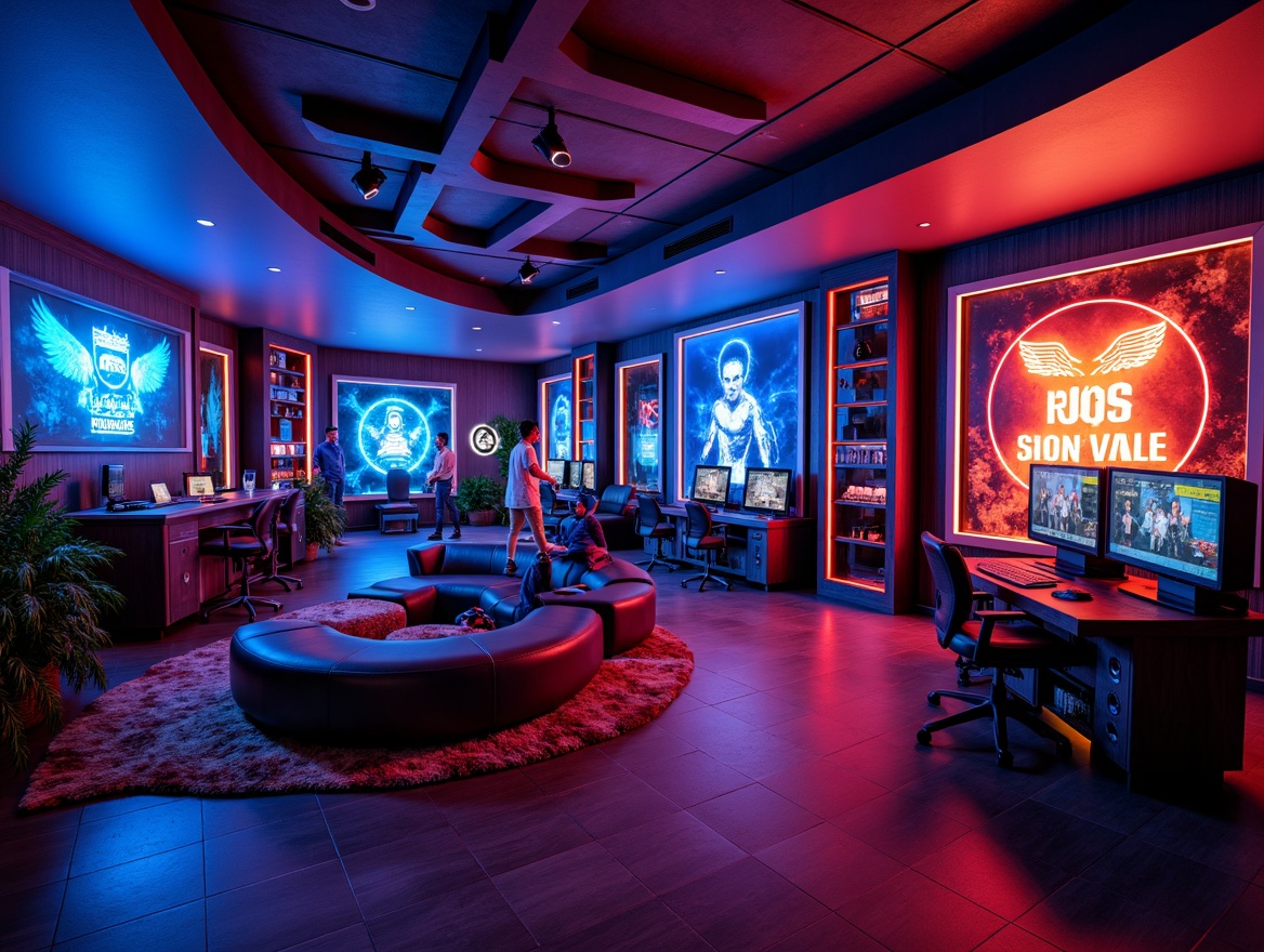 Prompt: Vibrant game room, bold color scheme, neon lights, electric blue accents, fiery red tones, deep black backgrounds, metallic silver trim, futuristic design, high-tech gadgets, surround sound systems, cozy seating areas, dark wood paneling, atmospheric lighting, 3D graphics, immersive gaming experience, cinematic feel, dynamic shadows, realistic textures.