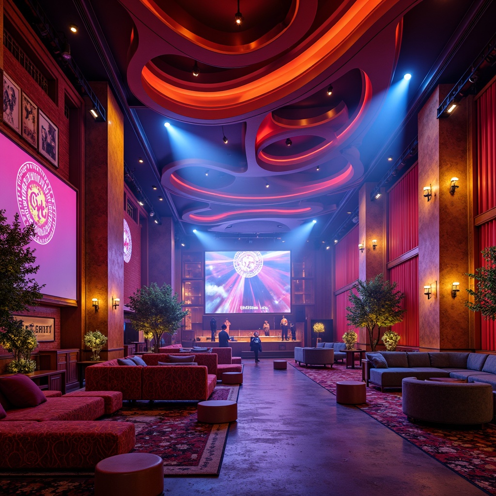 Prompt: \Vibrant music venue, expressive lighting, bold color scheme, curved lines, ornate details, luxurious fabrics, plush seating, scattered pillows, eclectic furniture, artistic stage design, abstract patterns, dynamic shapes, avant-garde decor, intimate atmosphere, warm ambiance, soft focus, shallow depth of field, 1/1 composition, panoramic view, realistic textures, ambient occlusion.\