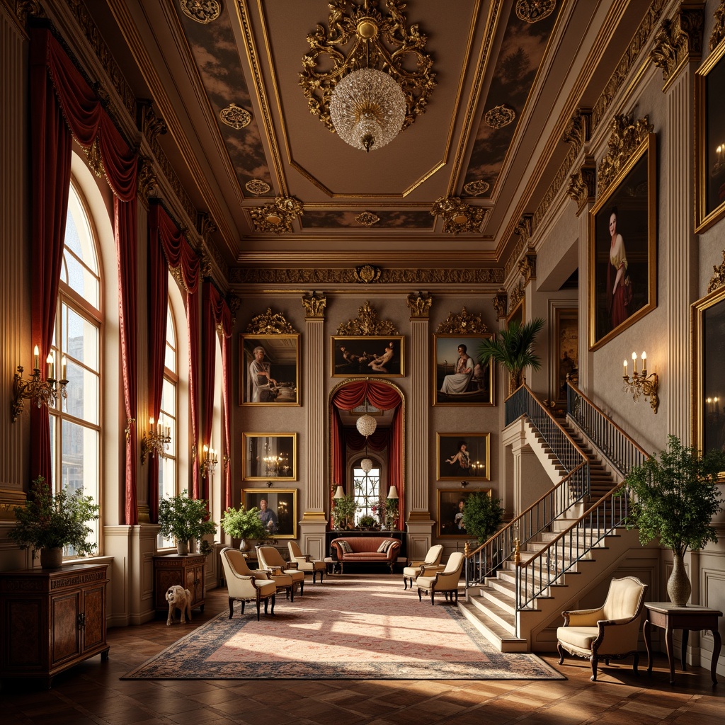 Prompt: Opulent Baroque interior, lavish furnishings, intricate carvings, ornate mirrors, gilded frames, velvet drapes, rich tapestries, marble floors, crystal chandeliers, grand staircases, dramatic archways, warm golden lighting, soft focus, shallow depth of field, 1/1 composition, realistic textures, ambient occlusion.