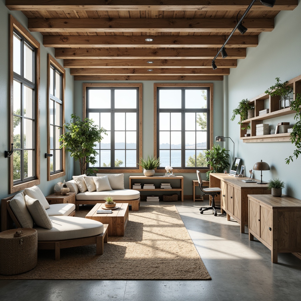 Prompt: Coastal-themed office space, natural wood accents, driftwood furniture, ocean-inspired color palette, soft blue hues, creamy whites, weathered metal decor, nautical rope details, floor-to-ceiling windows, abundant daylight, warm task lighting, pendant lamps, industrial-style fixtures, distressed wood shelving, woven sea grass rugs, organic textures, 1/1 composition, shallow depth of field, subtle lens flares, cinematic color grading.