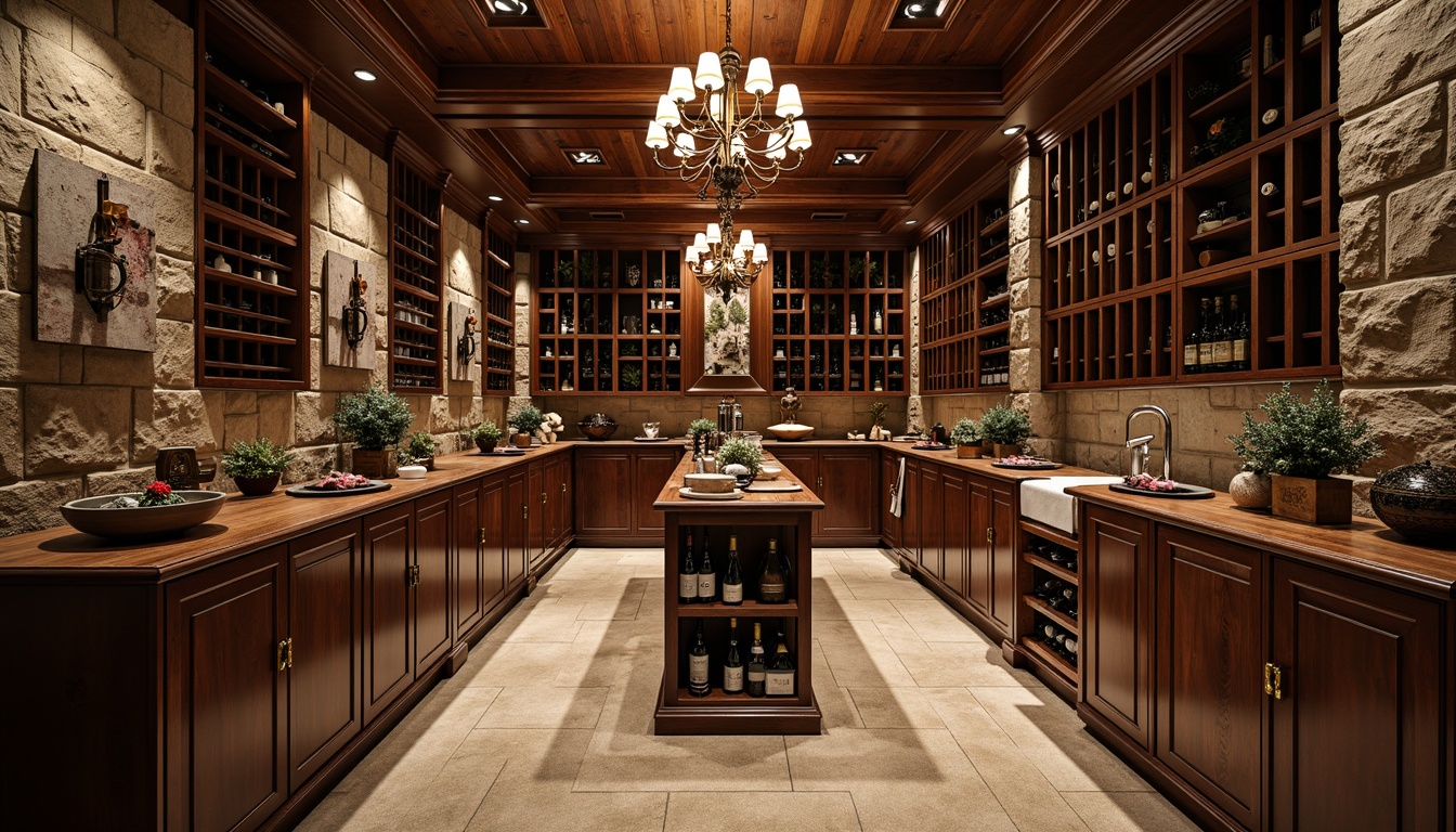 Prompt: Luxurious wine cellar, dark wood tones, rich stone walls, elegant chandeliers, premium wine racks, climate-controlled environment, humidifier systems, dimmable lighting, sophisticated ambiance, rustic wooden flooring, distressed hardwood planks, warm beige tones, soft carpeting, sound-absorbing materials, anti-slip surfaces, durable epoxy coatings, seamless transitions, 3/4 composition, shallow depth of field, realistic textures.