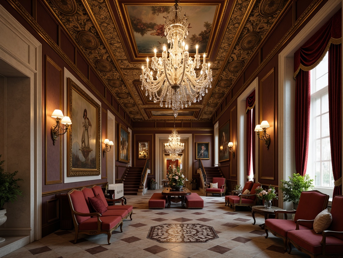 Prompt: Elegant crystal chandeliers, ornate bronze sconces, refined gold leaf accents, majestic marble columns, intricately carved wooden paneling, lavish velvet drapes, opulent fresco ceilings, grandiose staircases, luxurious silk upholstery, sophisticated metalwork details, subtle warm glow, softbox lighting, 1/2 composition, symmetrical framing, realistic textures, ambient occlusion.