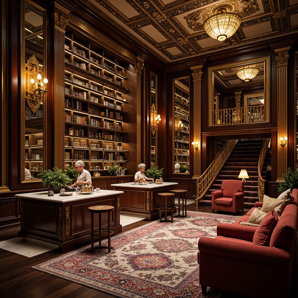 Prompt: Richly ornamented bookshelves, intricately carved wooden furniture, velvet upholstery, gilded accents, ornate mirrors, crystal chandeliers, marble countertops, luxurious rugs, leather-bound books, golden lighting fixtures, rich wood tones, ornamental plaster ceilings, grandiose staircases, elegant reading nooks, warm cozy atmosphere, dramatic shadows, 1/2 composition, softbox lighting, highly detailed textures.