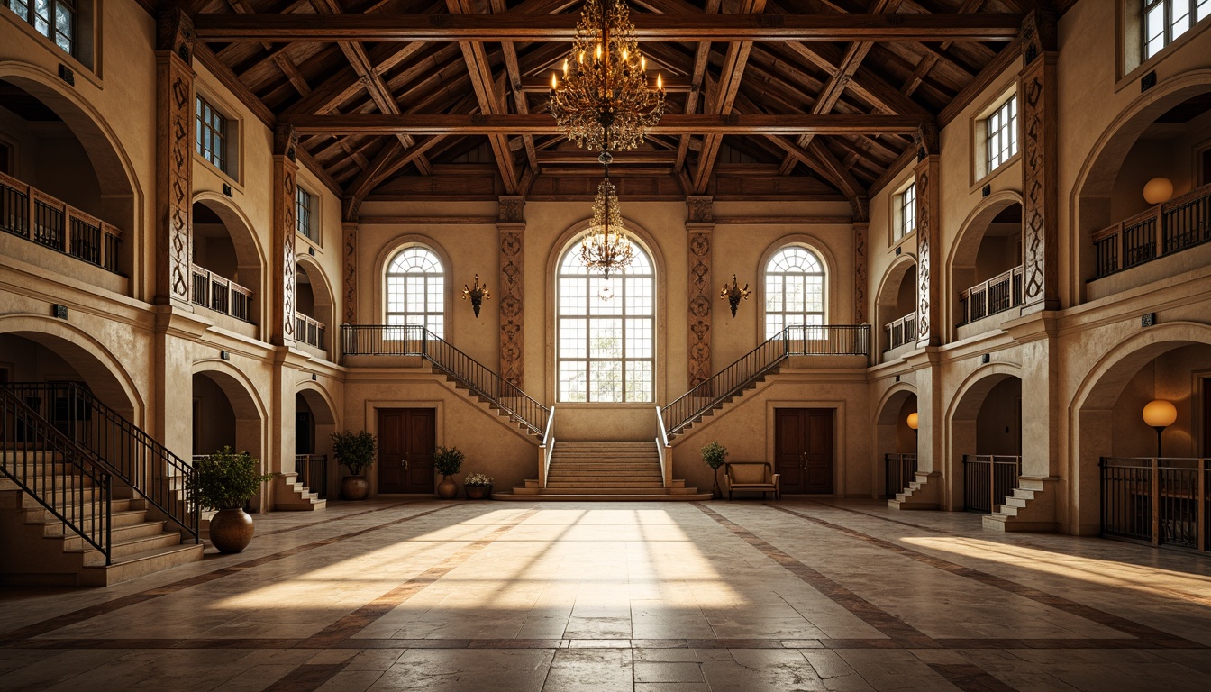 Prompt: Renaissance-style gymnasium, ornate columns, carved wooden beams, grand chandeliers, marble flooring, intricate stone carvings, ornamental metalwork, classic arches, vaulted ceilings, stained glass windows, elegant balconies, sweeping staircases, richly textured walls, warm golden lighting, shallow depth of field, 1/1 composition, symmetrical framing, realistic textures, ambient occlusion.