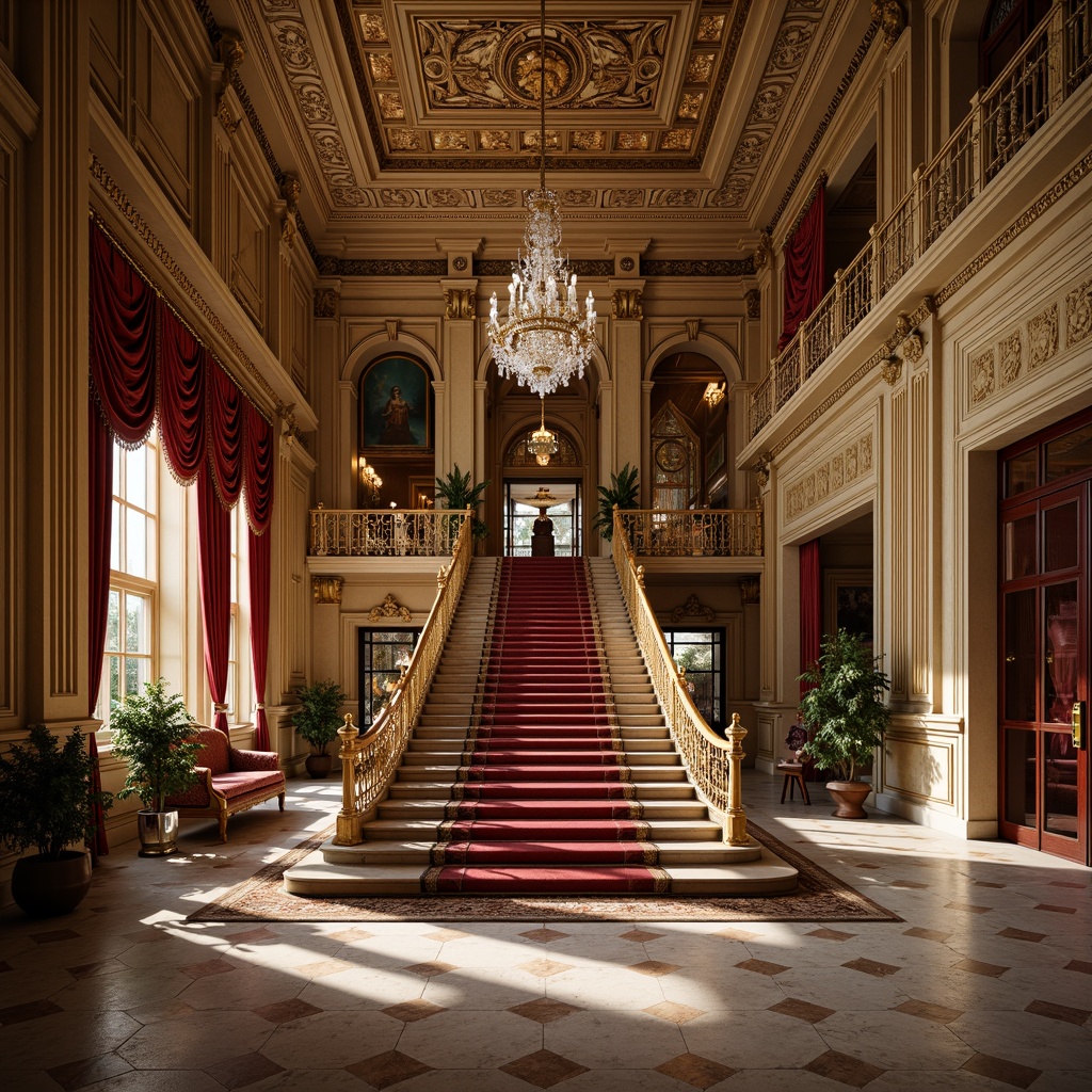 Prompt: Luxurious hall, grand staircase, ornate moldings, gilded details, intricate carvings, marble flooring, crystal chandeliers, rich velvet drapes, lavish furnishings, Baroque-inspired architecture, sweeping archways, dramatic ceiling heights, opulent color palette, warm golden lighting, shallow depth of field, 1/2 composition, realistic textures, ambient occlusion.