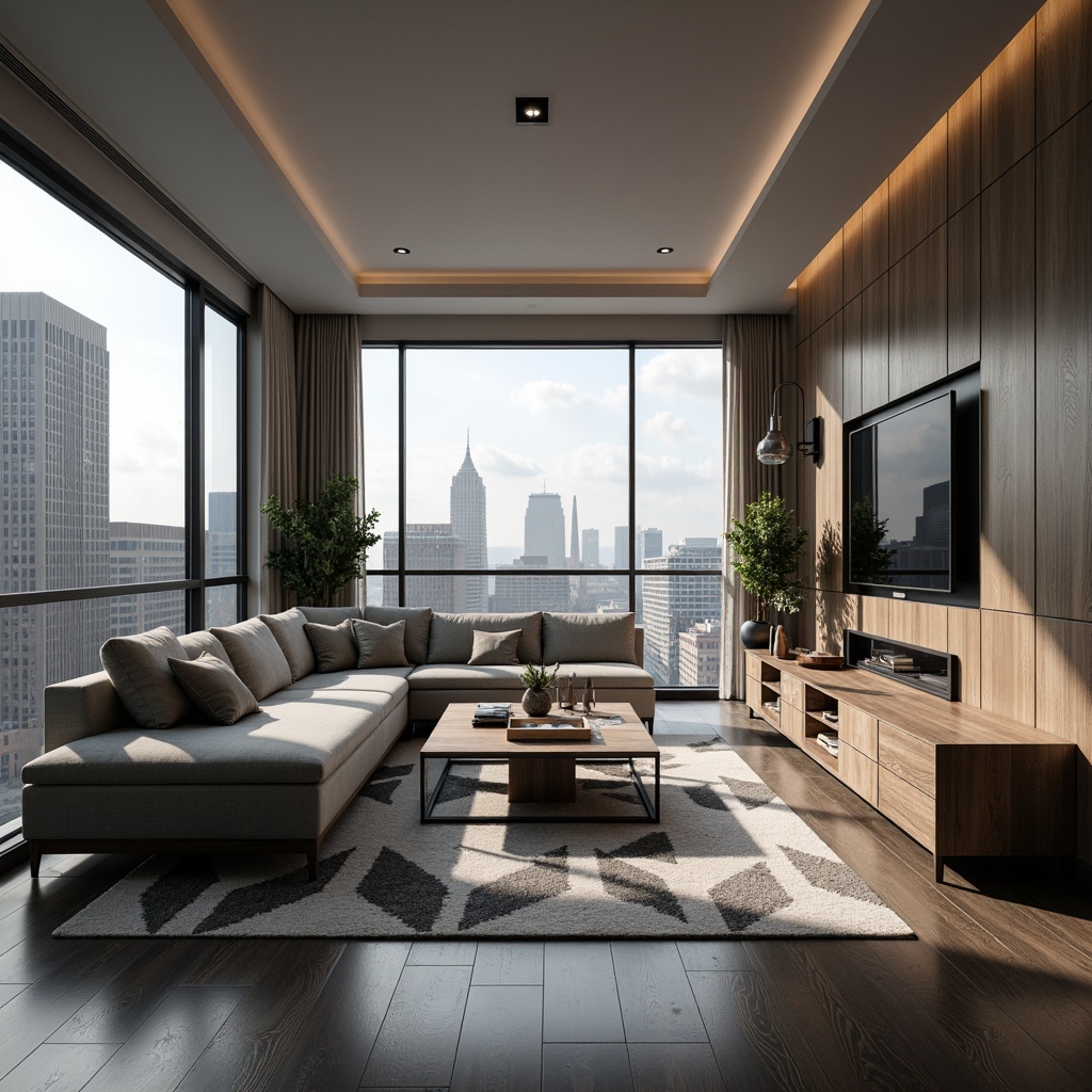 Prompt: Modern living room, minimalist decor, sleek lines, monochromatic color scheme, comfortable sectional sofas, geometric-patterned rugs, floor-to-ceiling windows, natural light, urban cityscape views, functional shelving units, hidden storage compartments, metallic accents, ambient lighting, soft warm glow, 1/1 composition, shallow depth of field, realistic textures.