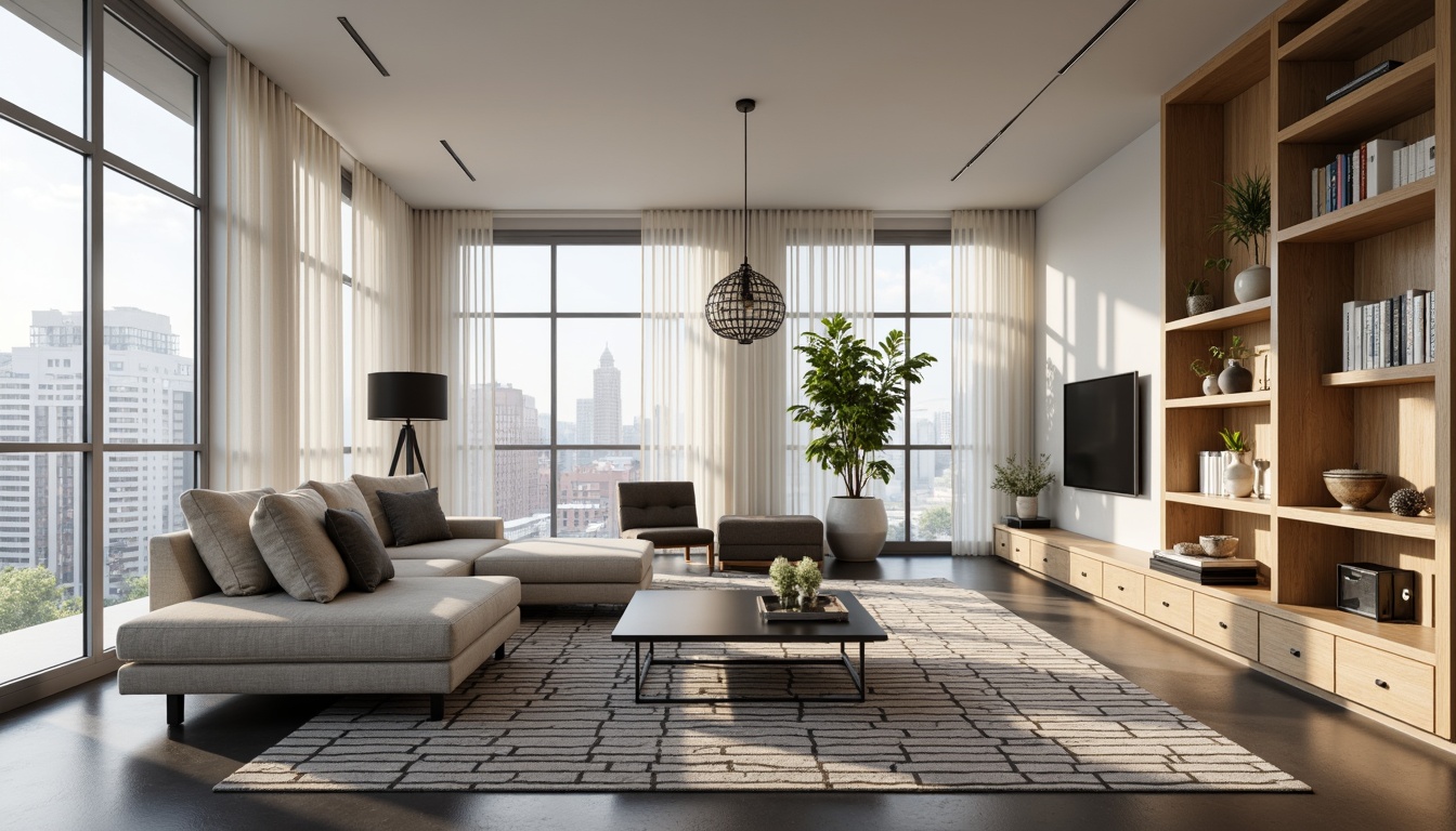 Prompt: Modern living room, sleek minimalist decor, functional furniture, multi-functional sofa bed, storage ottoman, wall-mounted shelves, minimalist coffee table, geometric patterned rug, floor-to-ceiling windows, natural daylight, urban cityscape view, soft warm lighting, 3/4 composition, realistic textures, ambient occlusion.