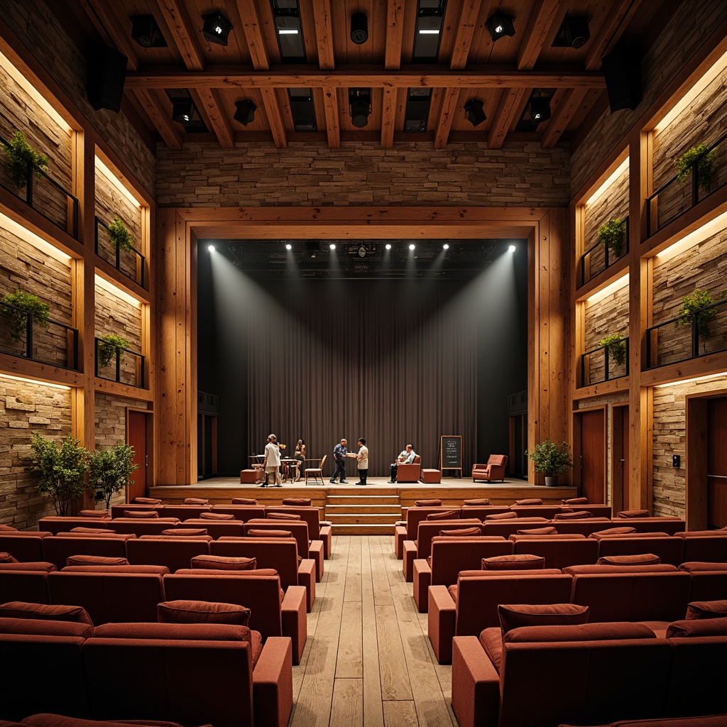 Prompt: Rustic auditorium interior, reclaimed wood accents, distressed wooden planks, earthy brown tones, natural stone walls, rough-hewn textures, industrial metal beams, warm ambient lighting, cozy seating areas, plush velvet upholstery, rich leather details, vintage-inspired decorative fixtures, ornate wooden trim, dramatic high ceilings, grand stage presence, soft warm spotlights, 1/2 composition, atmospheric misting effect, realistic wood grain textures.