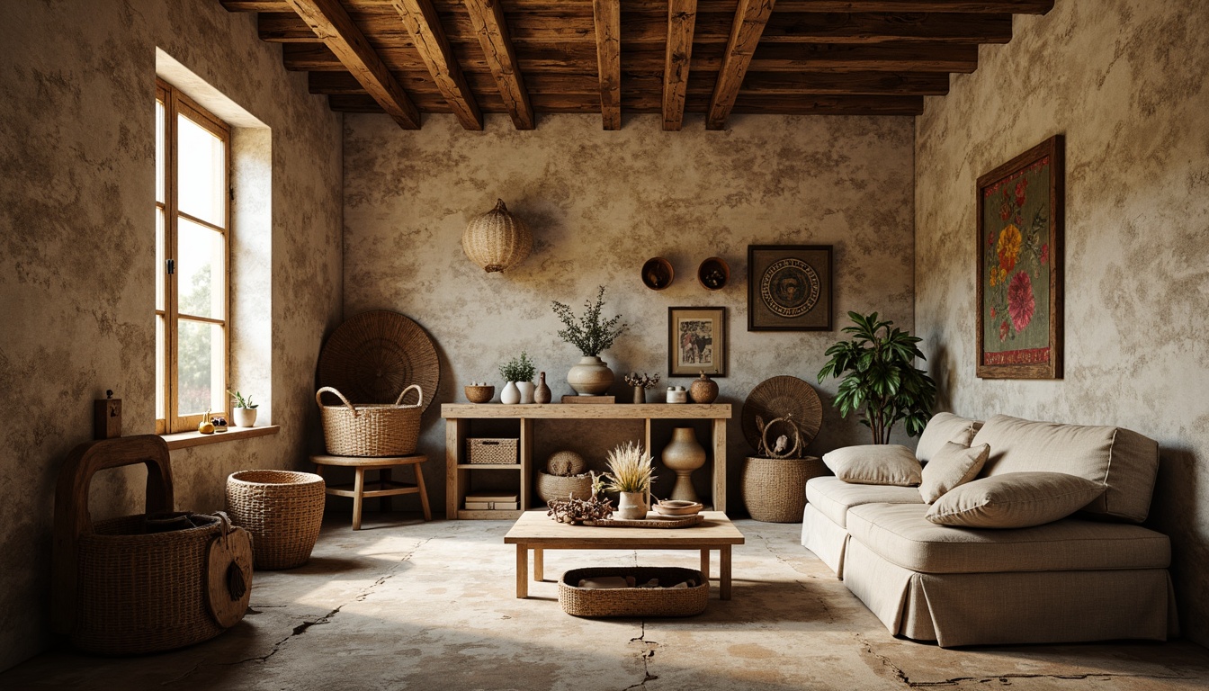 Prompt: Rustic textured walls, distressed wooden planks, earthy tone color palette, rough stone surfaces, natural fiber textiles, woven baskets, vintage furniture pieces, antique decorative items, warm cozy lighting, soft shadows, shallow depth of field, 1/1 composition, realistic textures, ambient occlusion.