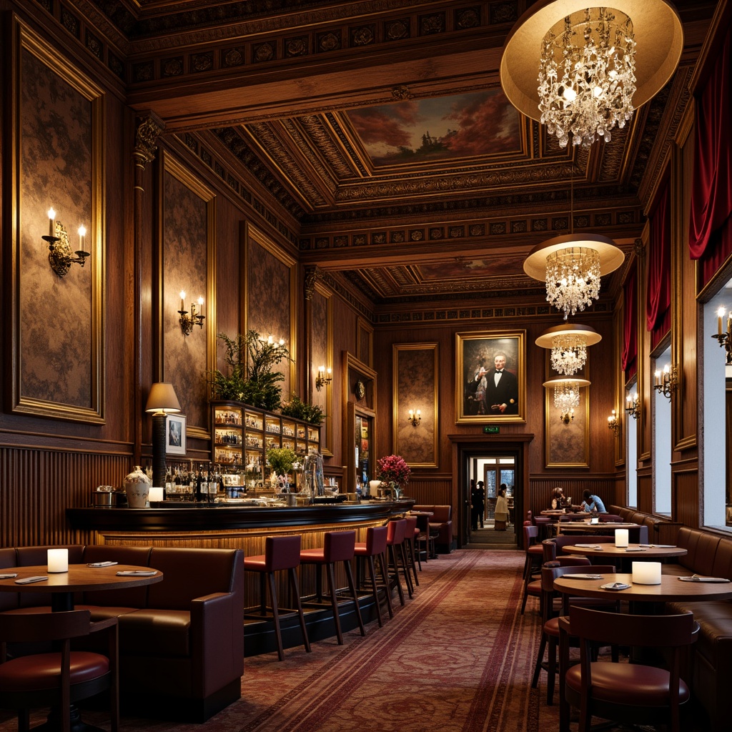 Prompt: Ornate pub interior, rich wood paneling, ornamental moldings, crystal chandeliers, luxurious velvet drapes, golden accents, intricate carvings, stately columns, marble countertops, ornate mirrors, lavish furnishings, warm candlelight, soft ambient glow, shallow depth of field, 1/1 composition, realistic textures, ambient occlusion.