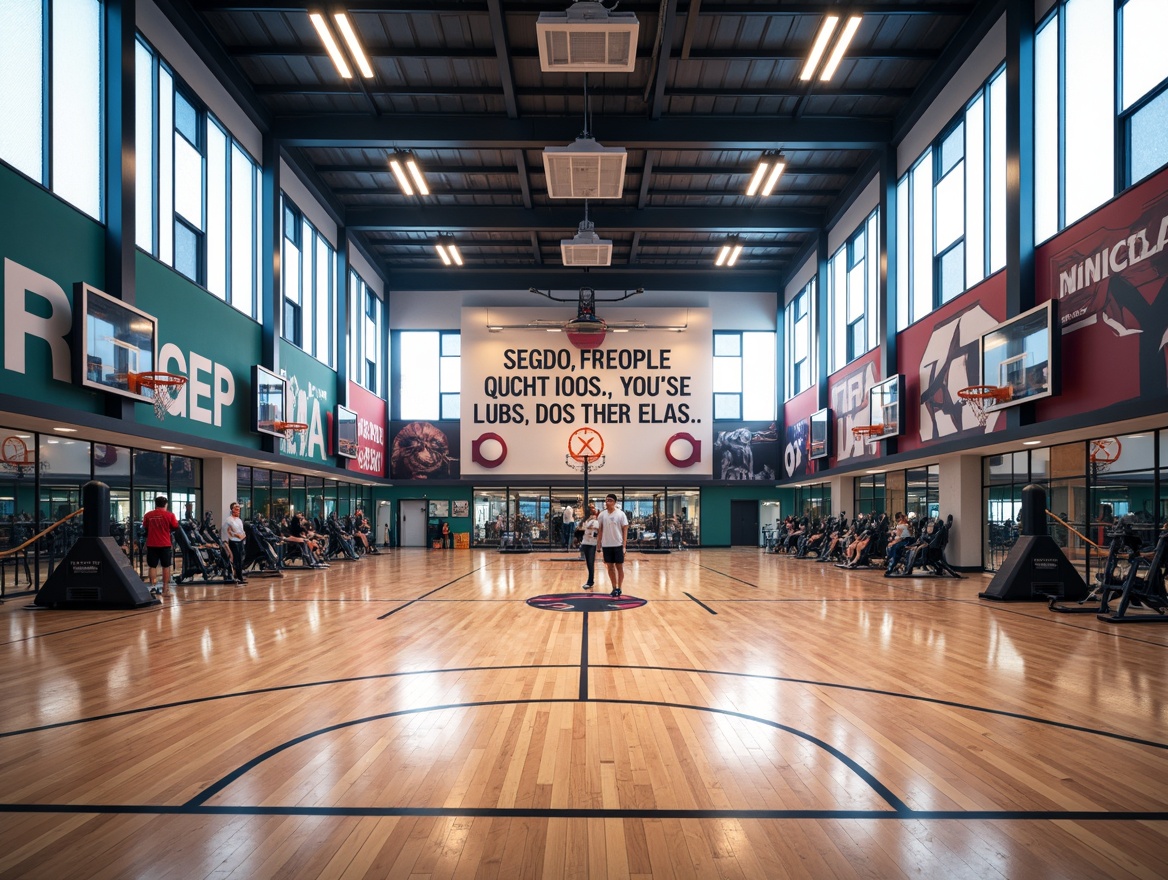 Prompt: Modern gymnasium interior, high ceilings, polished wooden floors, bright natural light, large windows, athletic equipment, basketball hoops, volleyball nets, exercise machines, free weights, mirrored walls, motivational quotes, vibrant color accents, dynamic LED lighting, warm ambient glow, shallow depth of field, 1/1 composition, realistic textures, soft shadows.