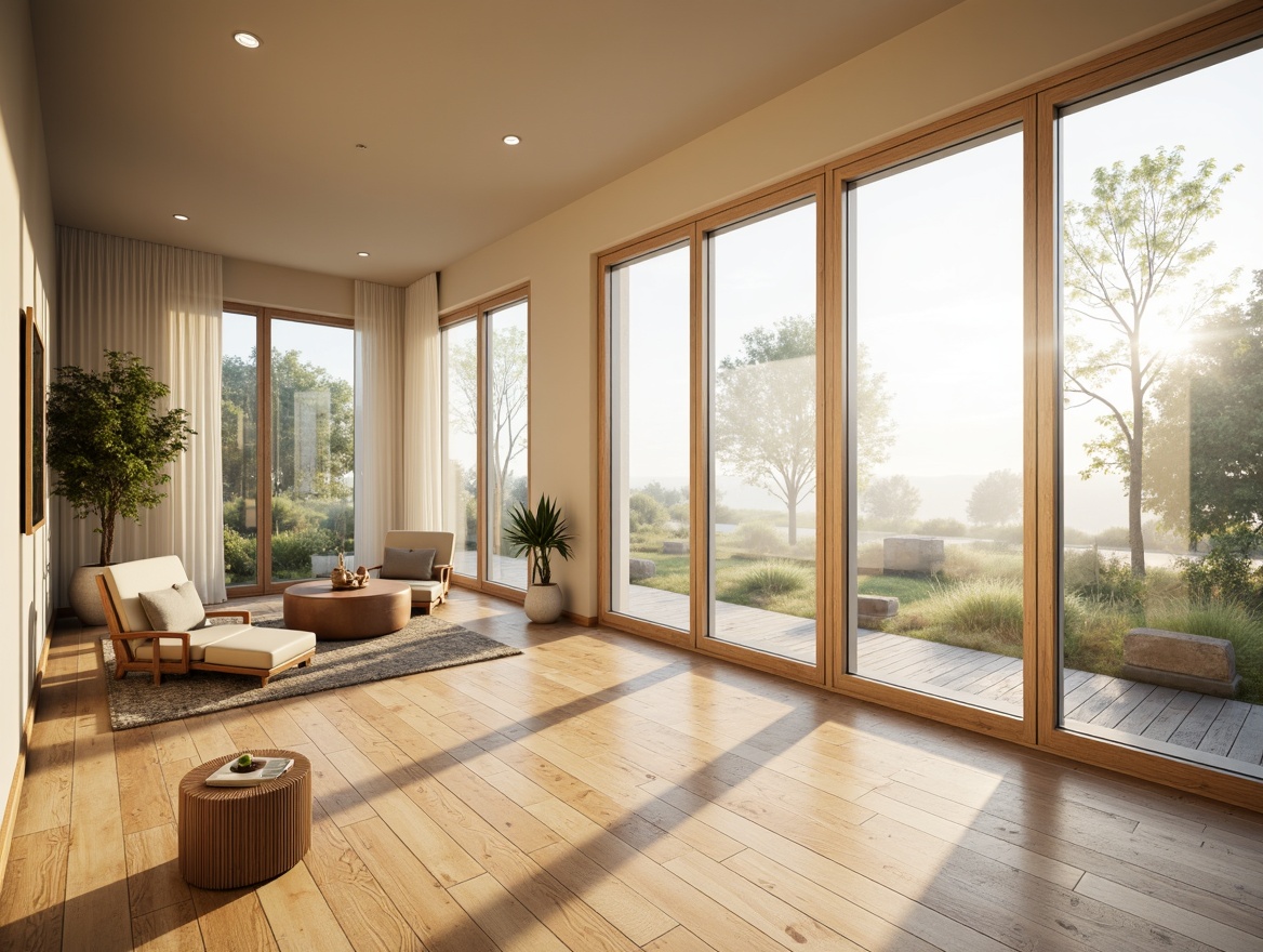 Prompt: Vibrant living room, floor-to-ceiling windows, sliding glass doors, minimal window frames, transparent curtains, reflective surfaces, polished wooden floors, cream-colored walls, airy atmosphere, abundant natural light, indirect sunlight, soft warm glow, morning misty ambiance, 1/1 composition, symmetrical layout, subtle texture variations, realistic material rendering.