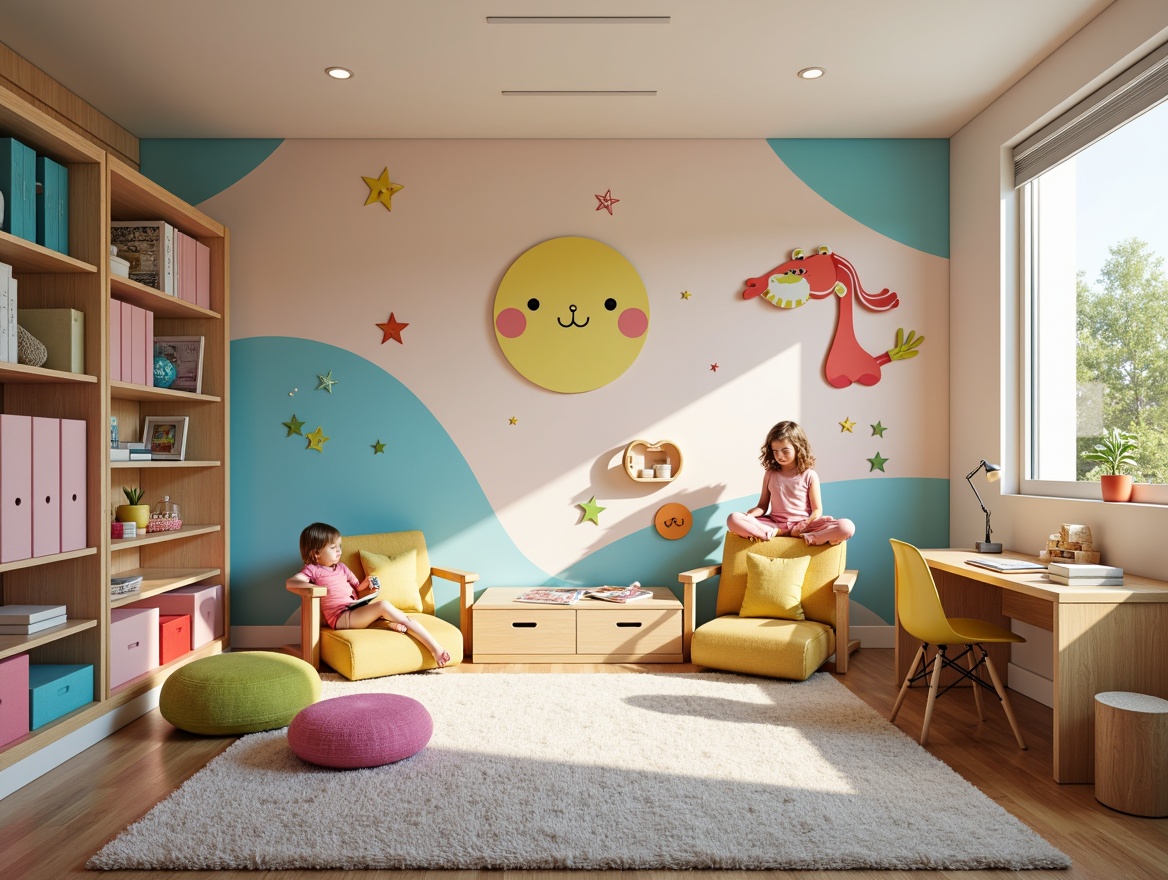 Prompt: Vibrant kids' room, whimsical decorations, colorful wall art, playful furniture, storage ottomans, bookshelves, cozy reading nooks, ergonomic desk chairs, soft plush carpets, natural wood accents, calming pastel colors, modern minimalist layout, functional storage units, adjustable lighting systems, sunny day, soft warm glow, shallow depth of field, 1/1 composition, realistic textures, ambient occlusion.