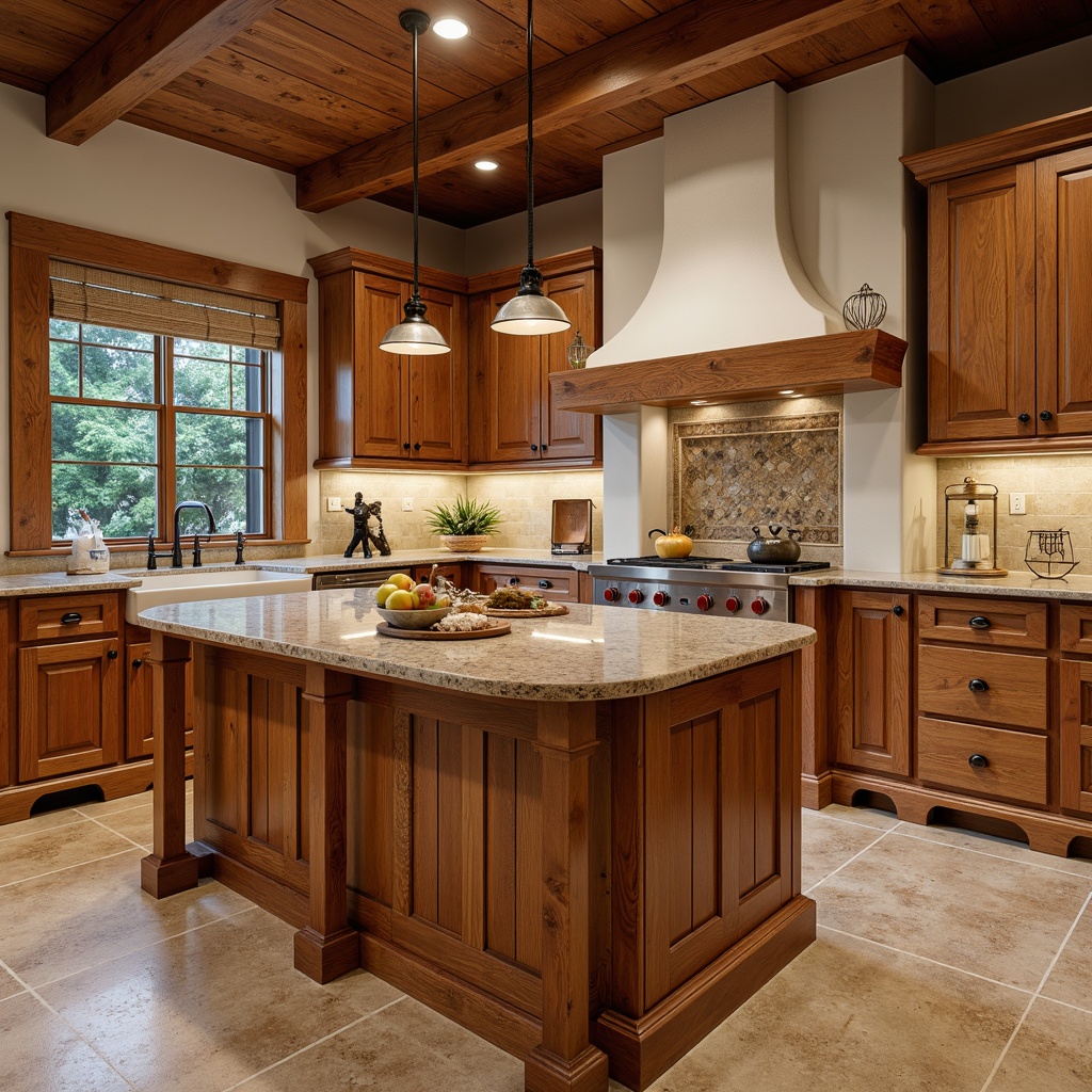 Prompt: Rustic kitchen island, wooden cabinetry, earthy tones, natural materials, handcrafted details, ornate metal hardware, rich wood grains, warm ambient lighting, soft warm colors, traditional craftsman style, rectangular shapes, simple lines, functional layout, ample storage space, farmhouse sink, apron-front cabinets, honed granite countertops, pendant lighting fixtures, cozy breakfast nook, woven textiles, natural fibers.