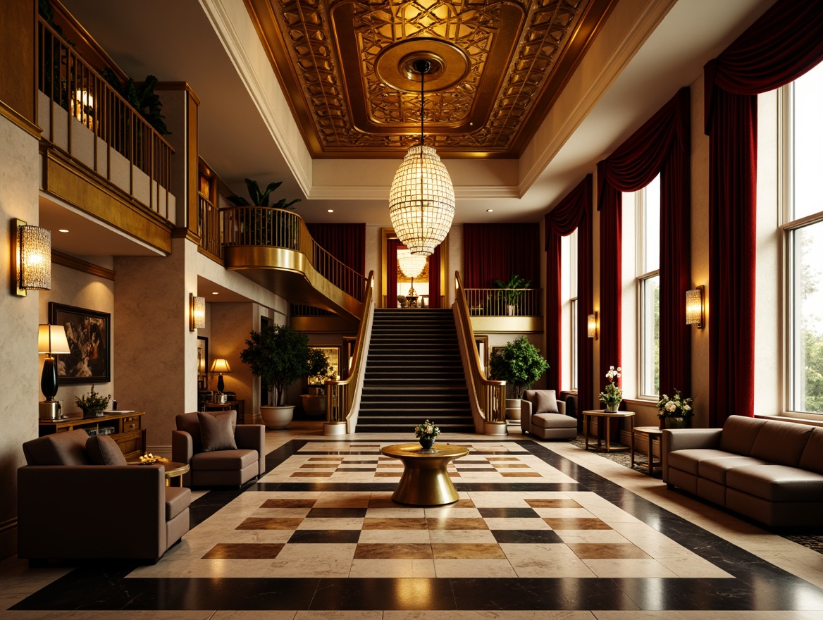 Prompt: Luxurious hotel lobby, ornate chandeliers, grand staircase, marble floors, metallic accents, geometric patterns, lavish furnishings, velvet drapes, crystal sconces, warm golden lighting, soft ambient glow, dramatic uplighting, opulent decorative fixtures, 1920s-inspired aesthetic, glamorous atmosphere, high-contrast shadows, cinematic mood, rich textures, intricate moldings, lavish ornamentation.