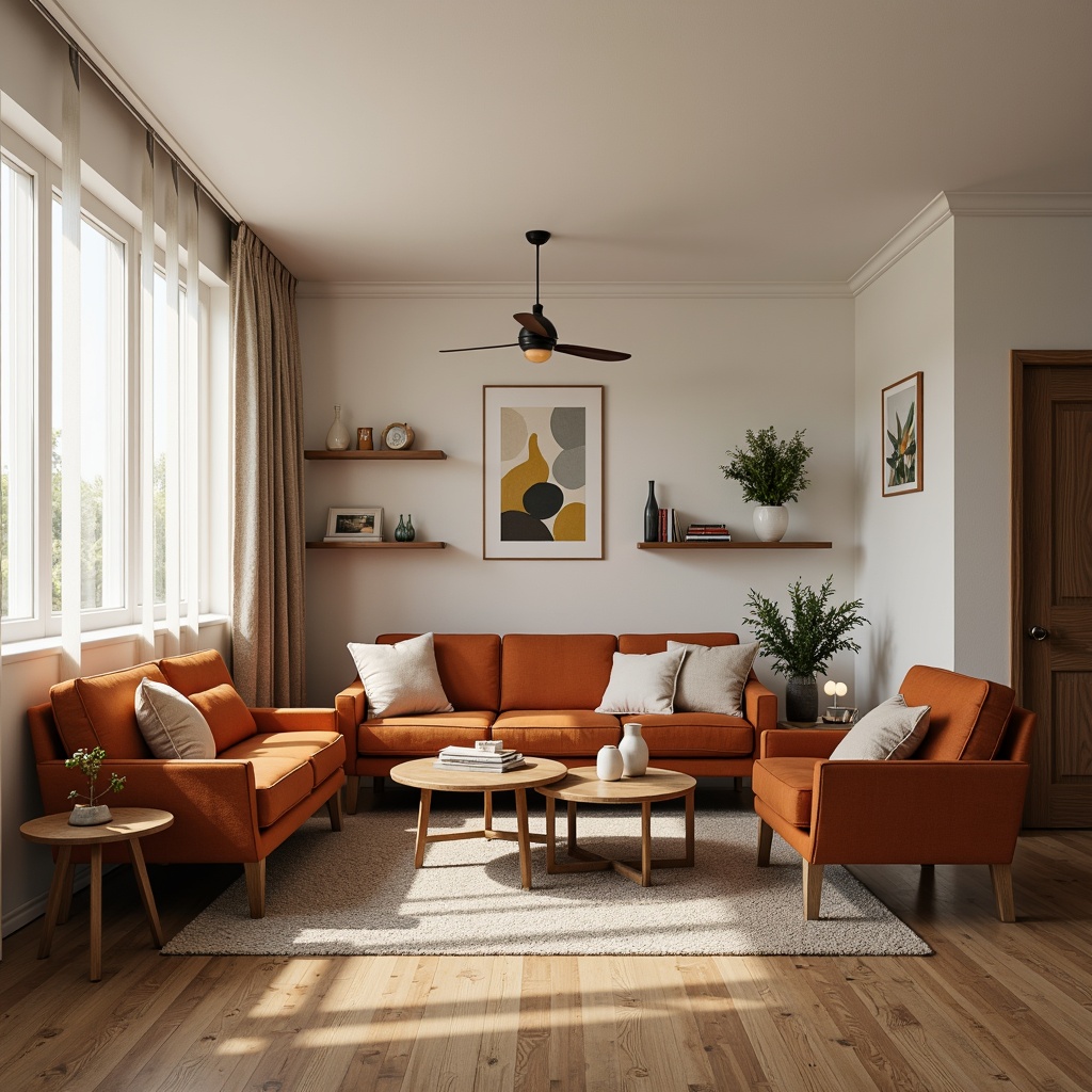 Prompt: Mid-century modern living room, retro-inspired furniture, velvet sofas, wooden coffee tables, minimalist decor, industrial-chic lighting fixtures, abstract artwork, pastel color palette, soft ambient lighting, 1/1 composition, shallow depth of field, warm cozy atmosphere.