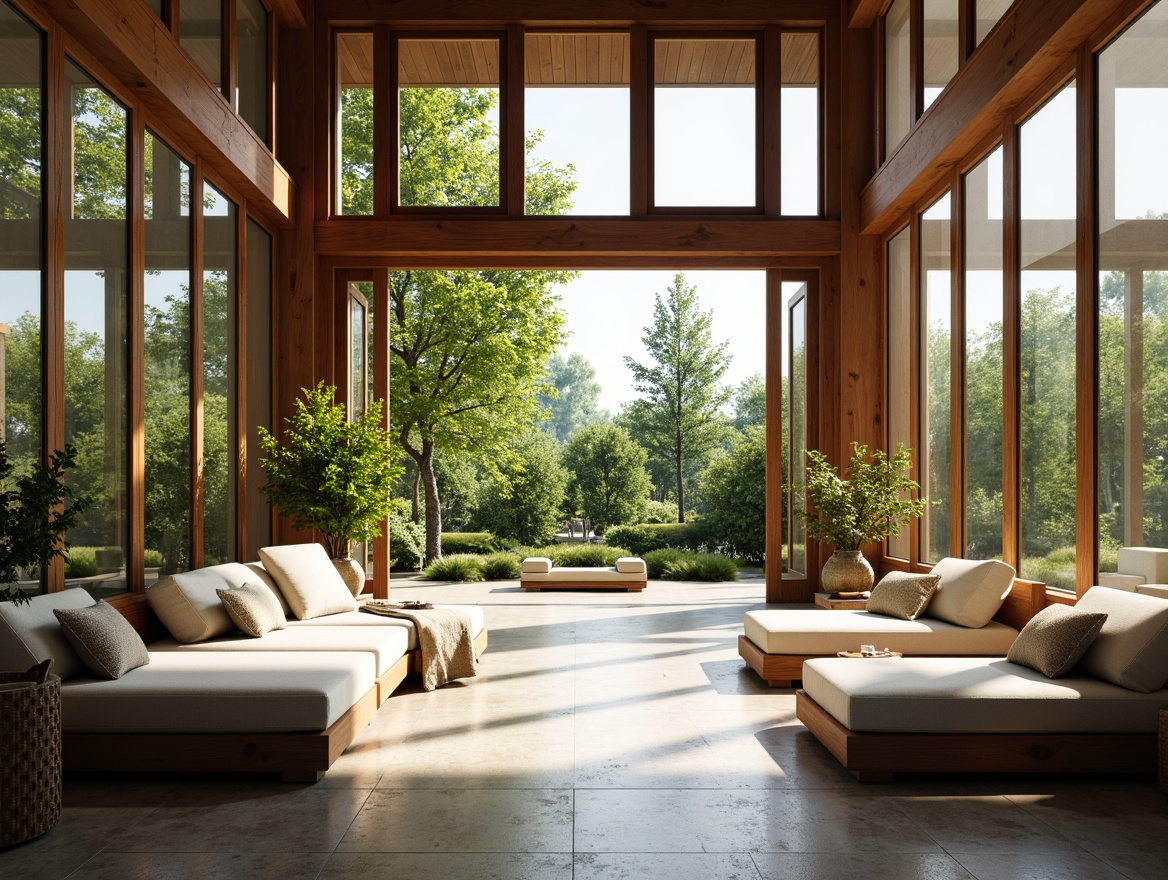 Prompt: Sunlit sunroom, spacious open area, floor-to-ceiling windows, sliding glass doors, natural stone flooring, wooden accents, vibrant greenery, potted plants, comfortable lounge seating, soft cushions, warm textiles, minimalist decor, modern furniture, ambient lighting, shallow depth of field, 1/1 composition, panoramic view, realistic textures, subtle color palette, calm atmosphere.