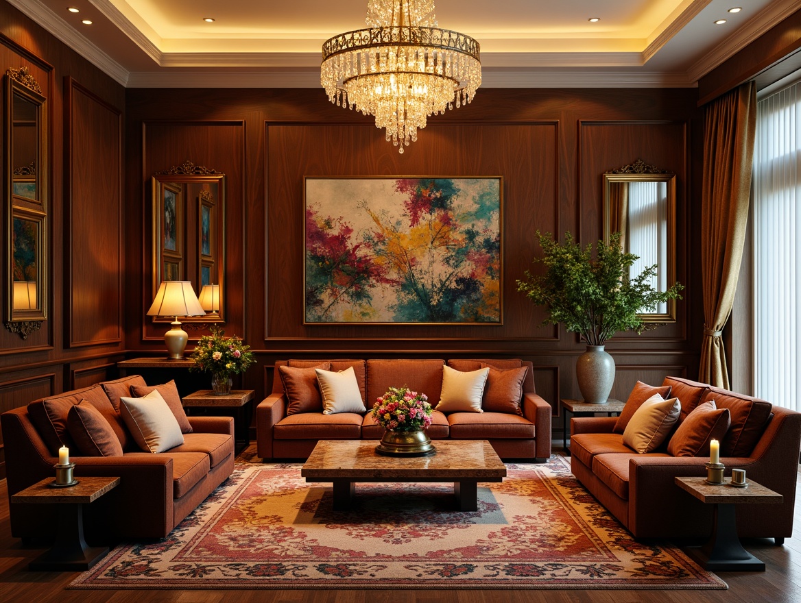 Prompt: Elegant living room, luxurious furniture, velvet sofas, marble coffee tables, ornate mirrors, crystal chandeliers, rich wood paneling, soft golden lighting, plush area rugs, vibrant abstract artwork, decorative vases, exotic flowers, ambient candlelight, 1/1 composition, shallow depth of field, realistic textures, warm color palette.