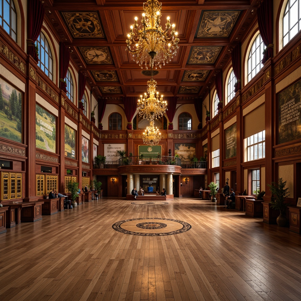 Prompt: Renaissance-style gymnasium, wooden parquet flooring, ornate chandeliers, grandiose archways, richly textured tapestries, luxurious velvet drapes, antique wooden benches, vintage metal lockers, ornamental mirrors, polished brass fixtures, warm golden lighting, shallow depth of field, 3/4 composition, symmetrical arrangement, harmonious color palette, elegant curves, refined lines, sophisticated ambiance, vibrant athletic equipment, motivational quotes, inspirational posters.