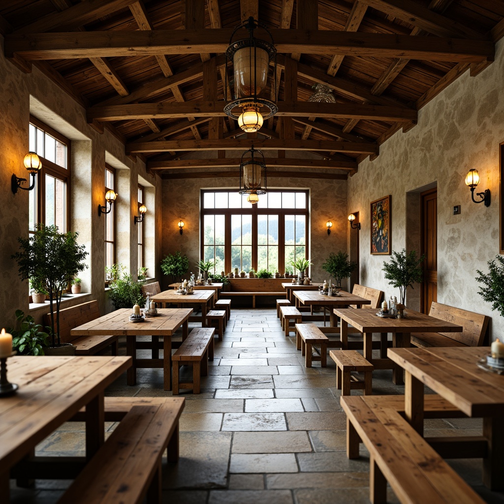 Prompt: Rustic farmhouse dining hall, reclaimed wood tables, wooden benches, natural stone floors, earthy tone color palette, vintage metal lanterns, exposed wooden beams, country-style decorations, lush greenery, potted plants, warm candlelight, cozy atmosphere, soft warm lighting, shallow depth of field, 3/4 composition, panoramic view, realistic textures, ambient occlusion.