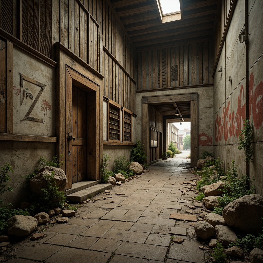 Prompt: Rustic wooden planks, weathered stone walls, aged metal grids, distressed concrete floors, peeling paint, rough-hewn boulders, moss-covered rocks, intricately carved doorways, ornate ironwork, vintage machinery parts, faded signage, worn brick pathways, crumbling stonework, mysterious abandoned structures, overcast skies, soft misty atmosphere, warm golden lighting, shallow depth of field, 2/3 composition, realistic textures, ambient occlusion.