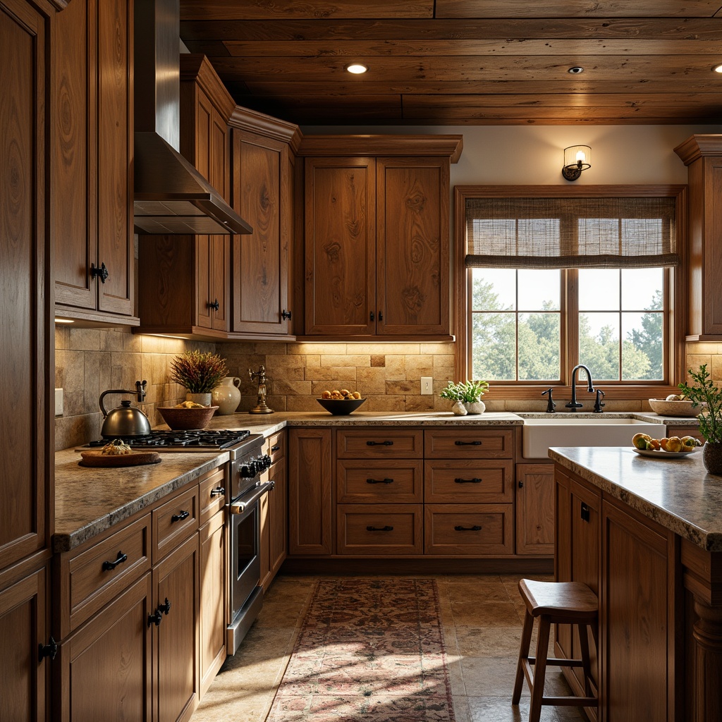 Prompt: Rustic kitchen, wooden cabinetry, earthy tones, natural textures, handcrafted details, ornate metal hardware, distressed finishes, warm ambient lighting, cozy atmosphere, farmhouse sink, granite countertops, rich wood grains, decorative trimwork, raised-panel doors, soft close drawers, oil-rubbed bronze fixtures, pendant lighting, 1/1 composition, shallow depth of field, realistic reflections.