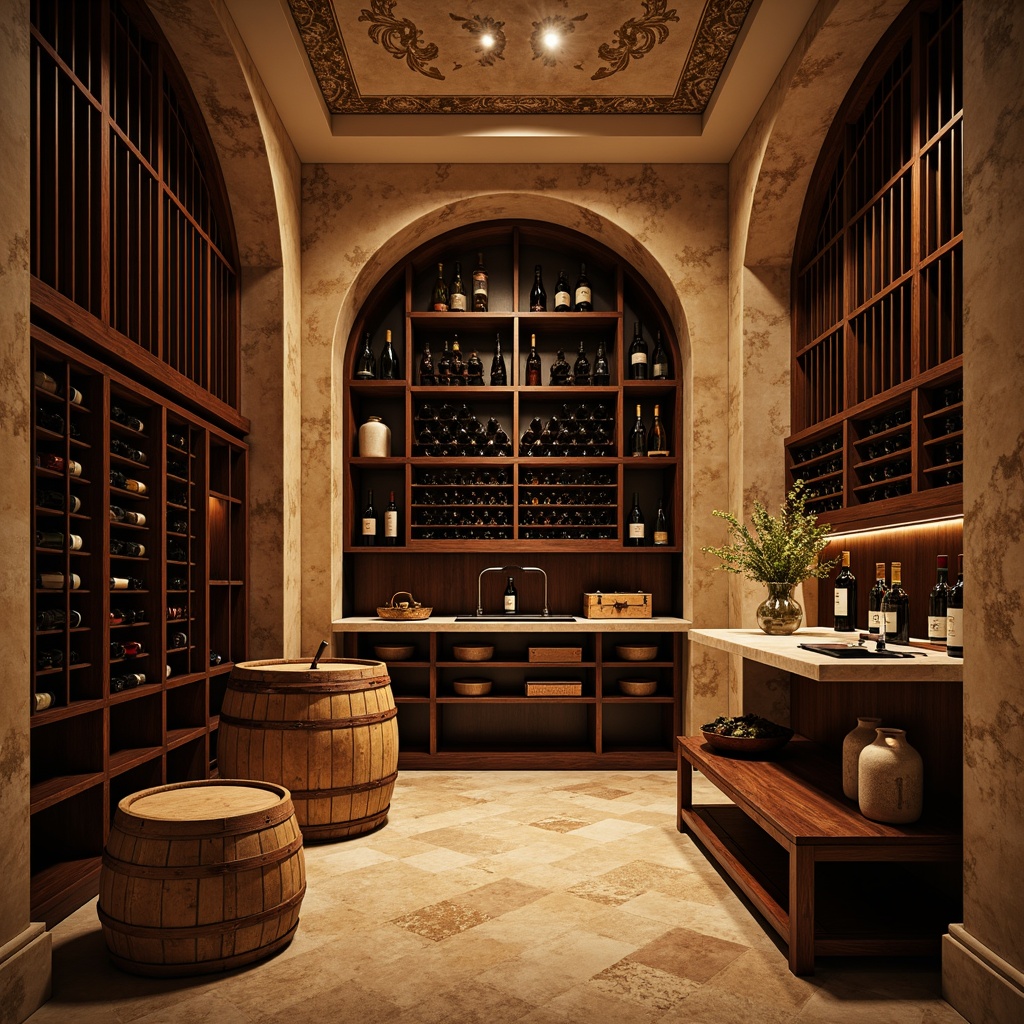 Prompt: Rich wine cellar, luxurious atmosphere, earthy tones, warm beige walls, dark wood accents, ornate metalwork, dimmable lighting, rustic stone floors, vintage wine barrels, elegant wooden crates, soft velvety textures, sophisticated color scheme, deep reds, rich burgundies, warm golden hues, creamy whites, intimate ambiance, dramatic shadows, low-key lighting, 1/2 composition, shallow depth of field, realistic reflections.