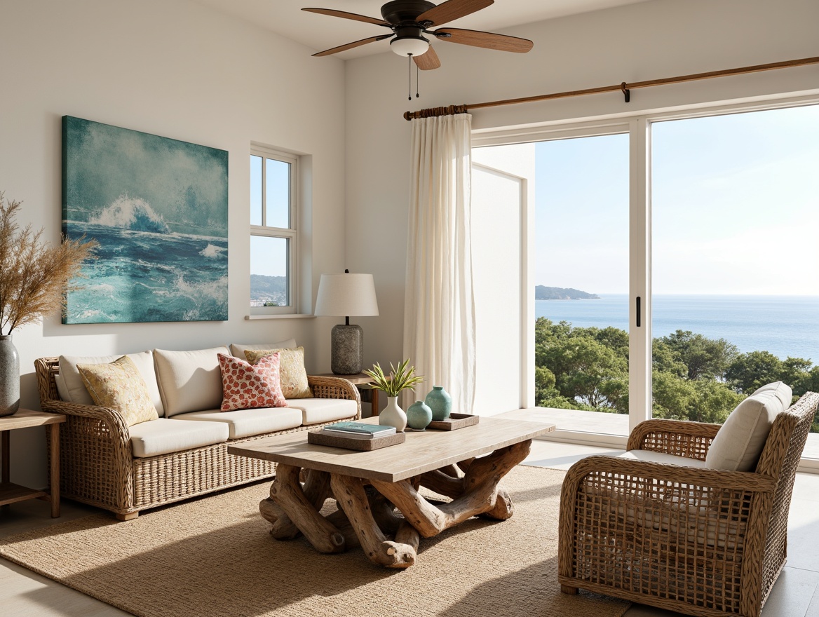 Prompt: Driftwood coffee table, wicker armchairs, jute rug, linen upholstery, distressed wood accents, nautical ropes, ocean-inspired artwork, sea-glass vases, coral-patterned throw pillows, weathered wooden benches, natural fiber textiles, beachy color palette, airy open space, large windows, sliding glass doors, sunny coastal day, soft warm lighting, shallow depth of field, 3/4 composition, panoramic view, realistic textures, ambient occlusion.