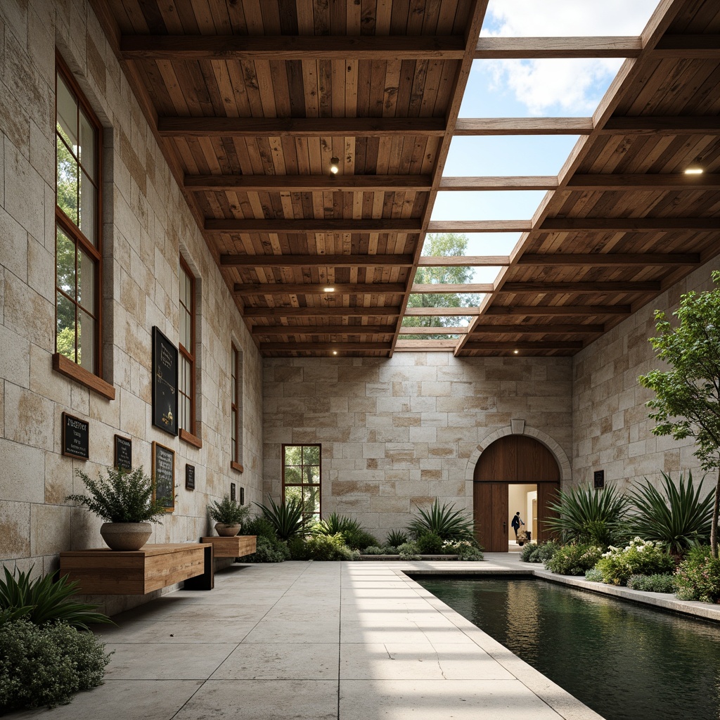 Prompt: Weathered stone walls, reclaimed wood accents, exposed concrete floors, natural light pouring through skylights, minimalist metal beams, earthy color palette, organic shapes, rustic textures, memorial plaques, serene water features, lush greenery, peaceful ambiance, subtle lighting, shallow depth of field, 3/4 composition, panoramic view, realistic renderings, ambient occlusion.