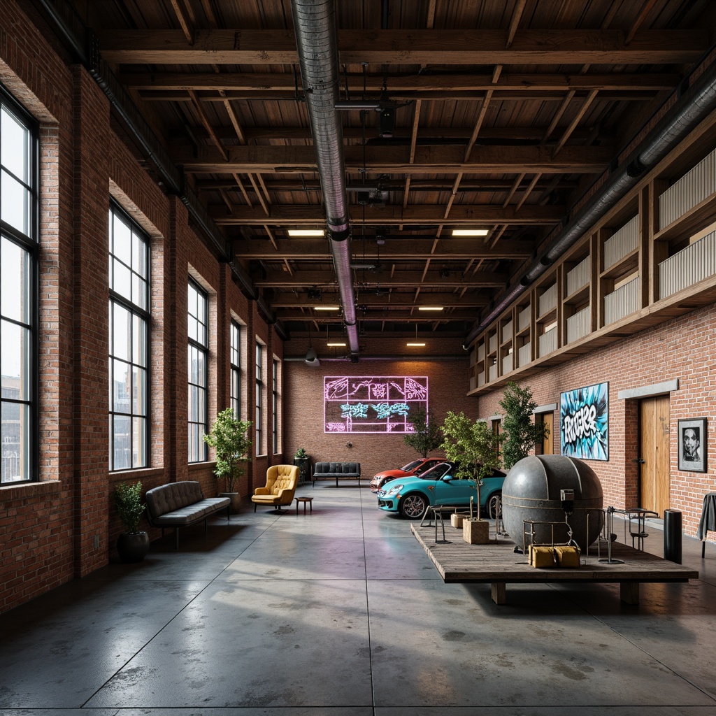 Prompt: Industrial warehouse, exposed brick walls, metallic beams, reclaimed wood accents, urban landscape, abandoned factories, rusted machinery, neon light installations, graffiti artwork, concrete floors, steel columns, minimalist decor, functional simplicity, natural ventilation, abundant daylight, soft industrial lighting, shallow depth of field, 1/1 composition, realistic textures, ambient occlusion.