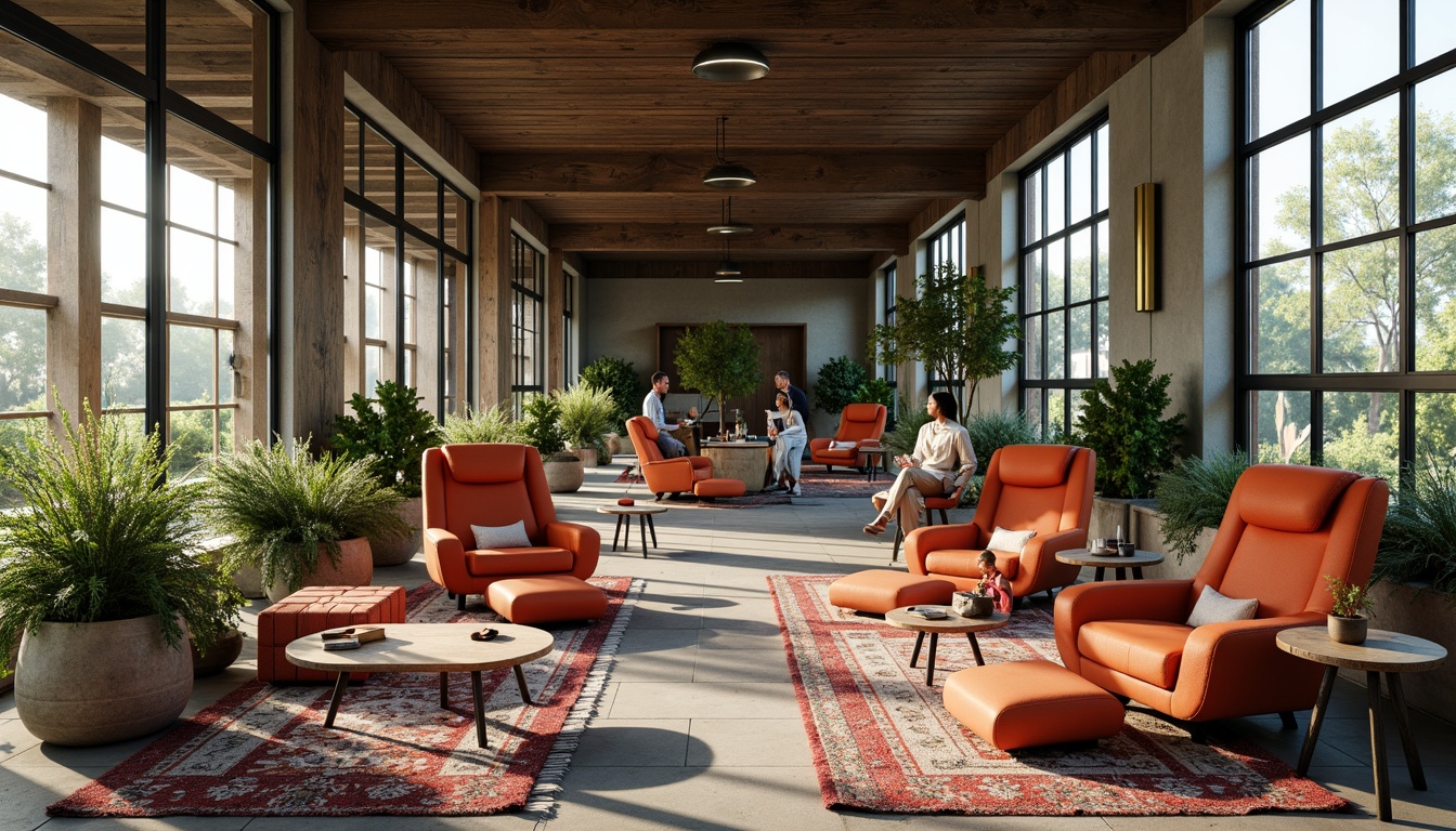 Prompt: Modern lounge chairs, vibrant color schemes, eclectic furniture mix, oversized pillows, cozy reading nooks, minimalist coffee tables, industrial-chic metal frames, reclaimed wood accents, plush area rugs, natural stone flooring, floor-to-ceiling windows, abundant greenery, soft warm lighting, 1/1 composition, realistic textures, ambient occlusion.