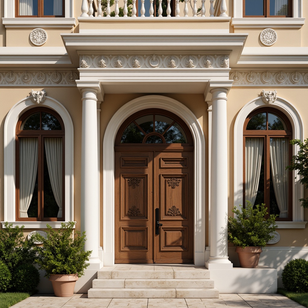 Prompt: Ornate residential facade, neoclassical molding details, white marble columns, symmetrical compositions, grand entranceways, arched windows, ornamental doorways, intricately carved wooden doors, richly textured stucco walls, subtle earthy color palette, soft warm lighting, 1/1 composition, shallow depth of field, realistic textures, ambient occlusion.Please let me know if this meets your requirements!