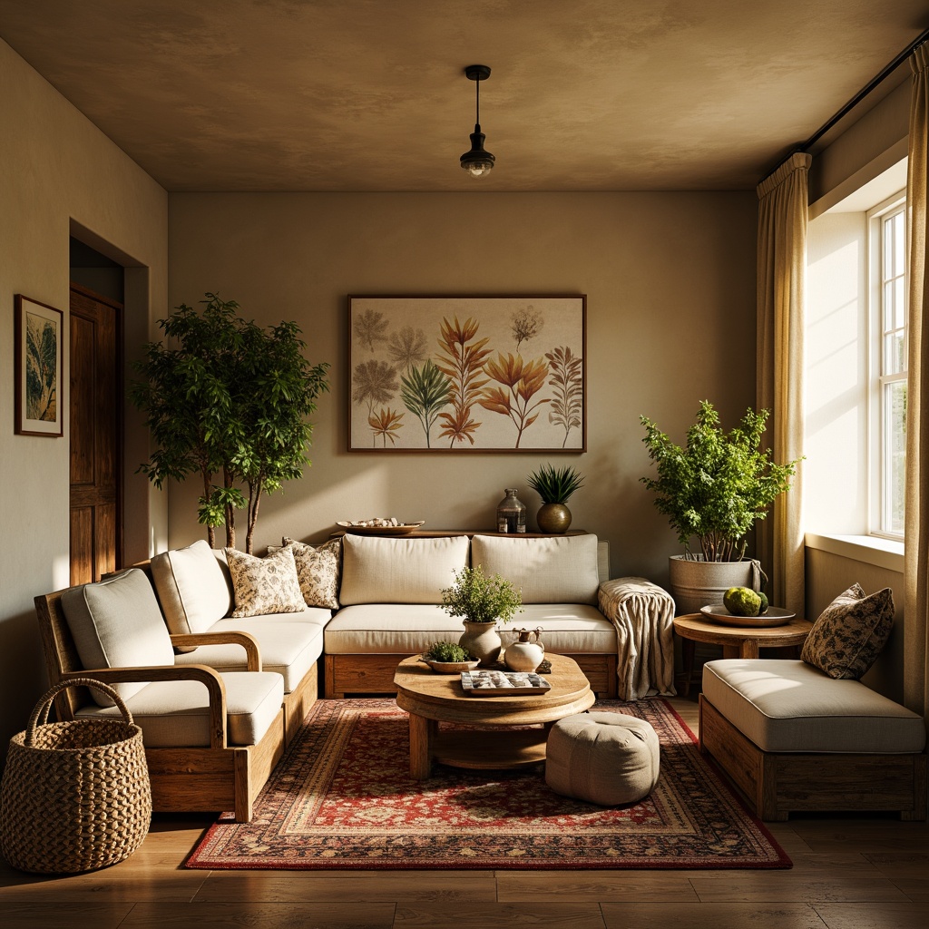 Prompt: Cozy living room, plush sectional sofa, warm beige walls, rustic wooden accents, vintage patterned rugs, soft golden lighting, natural fiber textiles, woven baskets, earthy color palette, organic shapes, botanical prints, distressed wood coffee table, comfortable oversized armchairs, lush greenery, sheer curtains, warm neutral tones, 1/1 composition, intimate atmosphere, soft focus, warm color temperature.