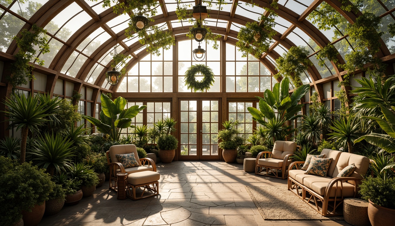 Prompt: Vibrant greenhouse interior, lush tropical plants, natural stone flooring, wooden trellises, curved glass roofs, abundant sunlight, warm golden lighting, soft shadows, misty atmosphere, dew-kissed leaves, intricate branching patterns, organic shapes, earthy tones, whimsical decorative accents, eclectic furniture pieces, distressed wood textures, botanical prints, woven rattan furniture, airy open spaces, 1/1 composition, shallow depth of field, soft focus, warm color palette.