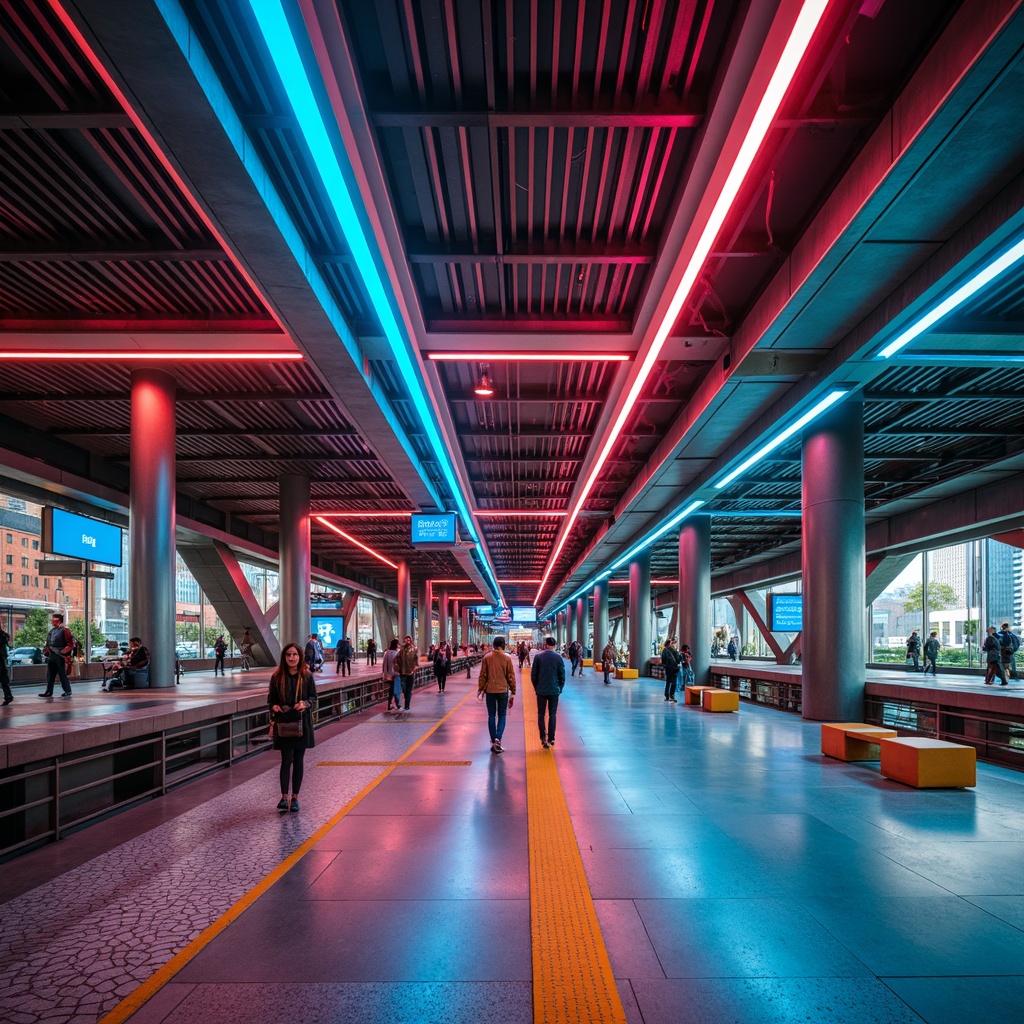 Prompt: Vibrant metro station, modern architecture, sleek metal beams, polished concrete floors, futuristic lighting fixtures, suspended ceiling lamps, colorful LED strips, dynamic ambient lighting, urban cityscape, rush hour atmosphere, morning commute scene, busy pedestrian traffic, intricate tunnel systems, stainless steel railings, urban art installations, geometric patterned tiles, contemporary seating areas, abstract sculptures, warm cozy lighting, shallow depth of field, 1/1 composition, realistic reflections.