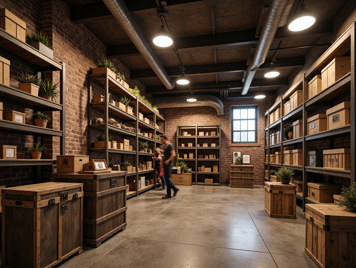 Prompt: Cozy storage room, industrial shelving units, metal racks, wooden crates, vintage trunks, distressed finishes, earthy tones, warm lighting, concrete floors, exposed brick walls, rustic decor, functional layout, ample space, organized compartments, labeled bins, secure locks, climate control systems, moisture-resistant coatings, durable surfaces.