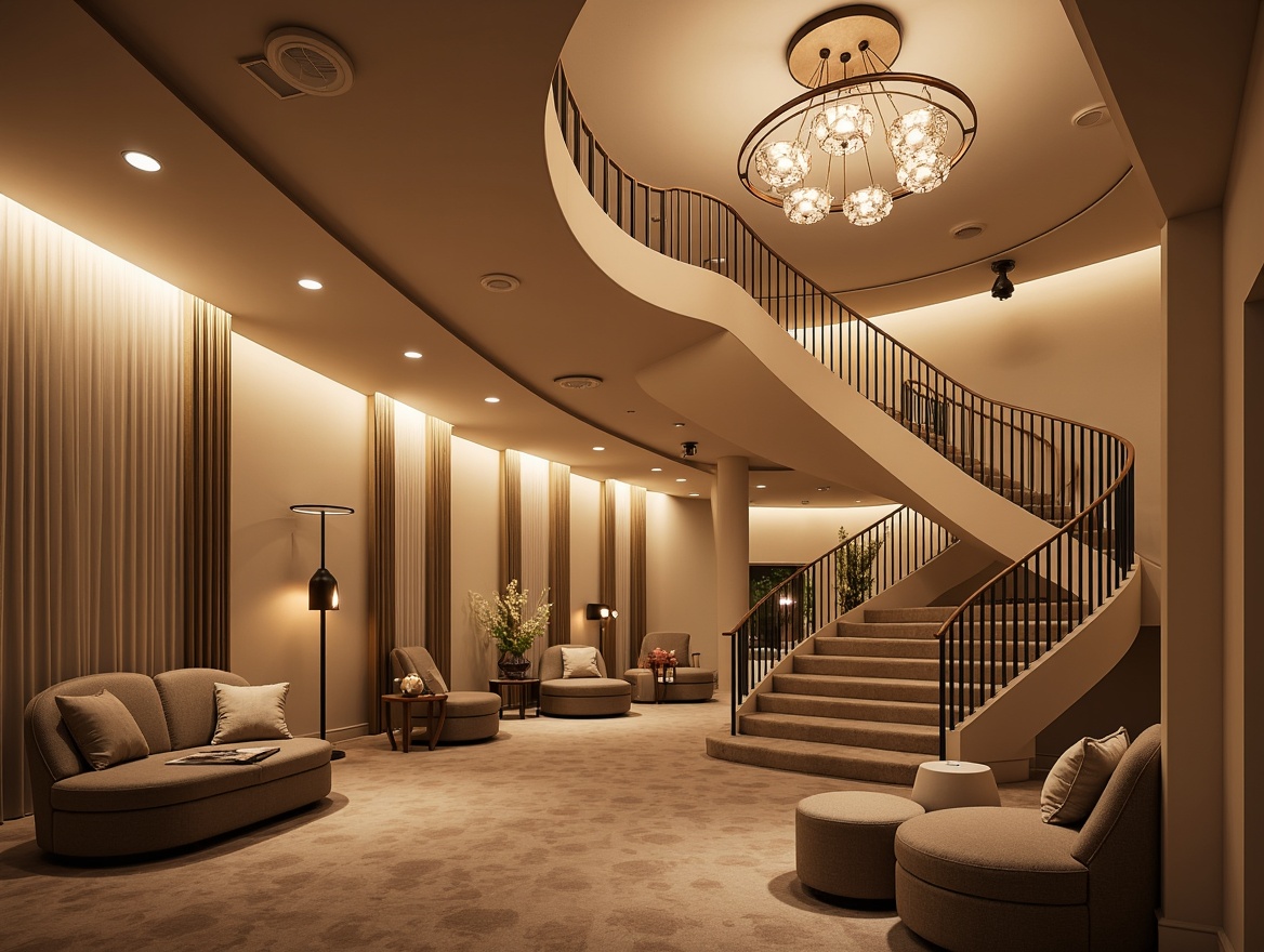 Prompt: Luxurious curved staircase, elegant spiral railings, flowing archways, soft warm lighting, velvety smooth walls, rounded furniture shapes, plush carpeted floors, comfortable seating areas, stylish modern chandeliers, subtle color palette, calming ambiance, shallow depth of field, 1/1 composition, realistic textures, ambient occlusion.