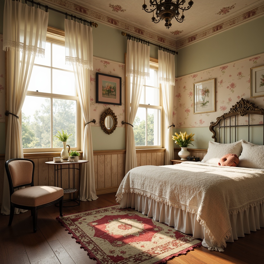 Prompt: Whimsical shabby-chic bedroom, distressed wooden furniture, soft pastel hues, vintage florals, lace trimmings, ruffled curtains, plush area rugs, velvet upholstery, antique accessories, ornate metal frames, warm golden lighting, shallow depth of field, 1/1 composition, romantic atmosphere, realistic textures, subtle ambient occlusion.