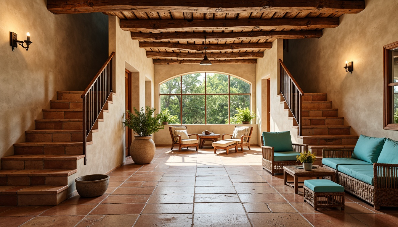 Prompt: Southwestern staircase, rustic wooden banisters, distressed metal railings, earthy terracotta tiles, warm sandy beige walls, natural stone flooring, woven wicker furniture, vibrant turquoise accents, bold geometric patterns, reclaimed wood beams, soft warm lighting, shallow depth of field, 3/4 composition, panoramic view, realistic textures, ambient occlusion.