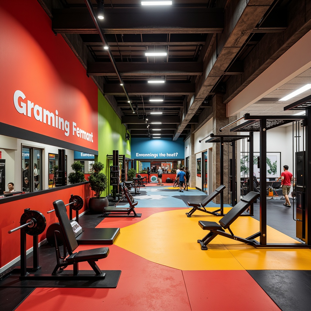 Prompt: Vibrant gym interior, bold color scheme, energetic atmosphere, motivational quotes, athletic flooring, modern lighting fixtures, sleek equipment machines, dynamic textures, contrasted walls, industrial metal beams, natural wood accents, abstract geometric patterns, intense reds and oranges, calming blues and greens, neutral whites and grays, high-contrast color blocking, 3/4 composition, dramatic shadows, realistic reflections.