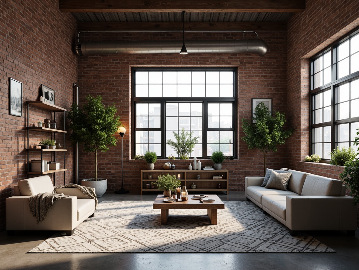 Prompt: Industrial chic factory interior, exposed brick walls, polished concrete floors, minimalist metal furniture, sleek low-profile sofas, geometric-patterned rugs, Edison bulb lighting, reclaimed wood accents, functional pipe shelving, modern industrial decor, metallic color scheme, sparse greenery, natural light pouring in, high ceilings, urban loft atmosphere, 1/1 composition, dramatic shadows, soft focus blur, realistic textures.