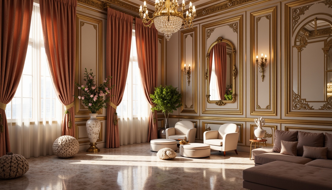 Prompt: Luxurious velvet drapes, golden ornate frames, intricately carved wooden paneling, soft warm candlelight, delicate porcelain vases, exquisite crystal chandeliers, lavish silk upholstery, ornate gilded mirrors, curved lines, whimsical shell motifs, pastel color palette, elegant marble floors, subtle gradient shading, 1/1 composition, shallow depth of field, realistic textures, ambient occlusion.