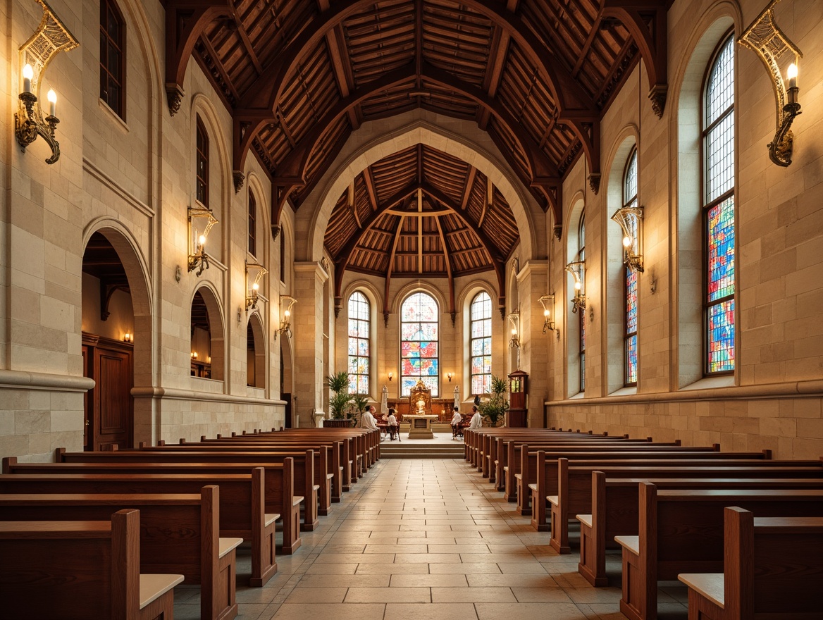 Prompt: Sacred church interior, warm beige stone walls, rich wooden accents, stained glass windows, vibrant blue and red hues, ornate golden details, soft cream-colored pews, majestic vaulted ceilings, dramatic chandeliers, serene natural light, subtle gradient effects, atmospheric misting, 1/1 composition, realistic textures, ambient occlusion.