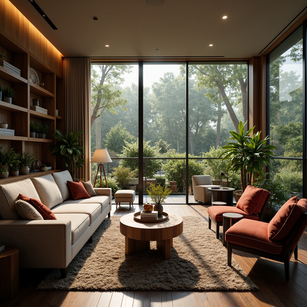 Prompt: Cozy living room, plush sofas, comfortable armchairs, soft cushions, wooden coffee table, warm lighting, intimate setting, relaxed atmosphere, calming colors, textured rugs, floor-to-ceiling windows, natural light, scenic views, lush greenery, gentle breeze, shallow depth of field, 1/2 composition, realistic rendering, ambient occlusion.