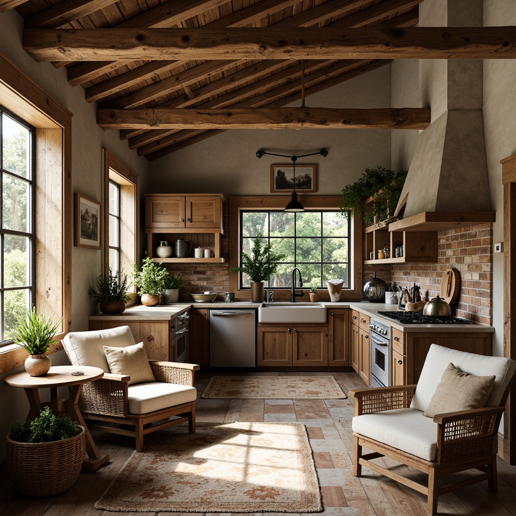 Prompt: Rustic farmhouse, distressed wood textures, vintage metal accents, natural fabrics, earthy color palette, wildlife-inspired patterns, reclaimed barnwood, wooden crates, animal-themed decor, potted plants, rattan furniture, woven baskets, soft warm lighting, cozy atmosphere, country-style kitchen, stone countertops, wooden beams, exposed brick walls, farmhouse sink, pendant lamps, nature-inspired artwork.